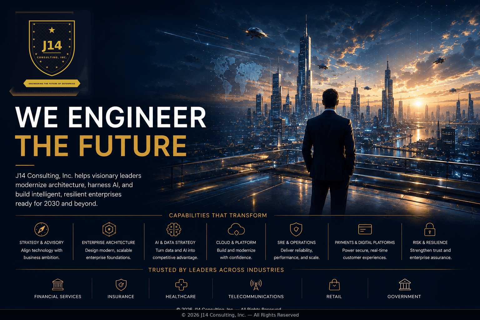 J14 Consulting cinematic hero showing a future enterprise skyline and executive perspective for engineering the future of enterprise.